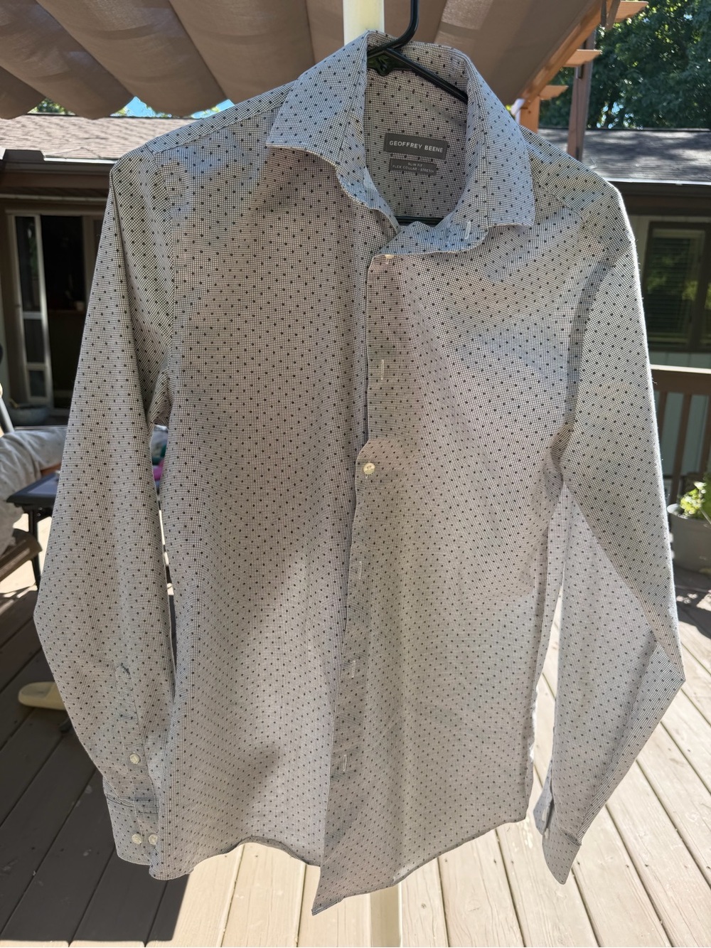 Geoffrey Beene Light Gray Dress Shirt with Navy Microdots